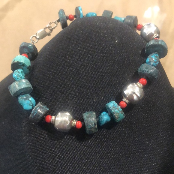 STERLING SILVER and TURQUOISE Rustic Bracelet with Lobster a Clasp - Picture 8 of 11